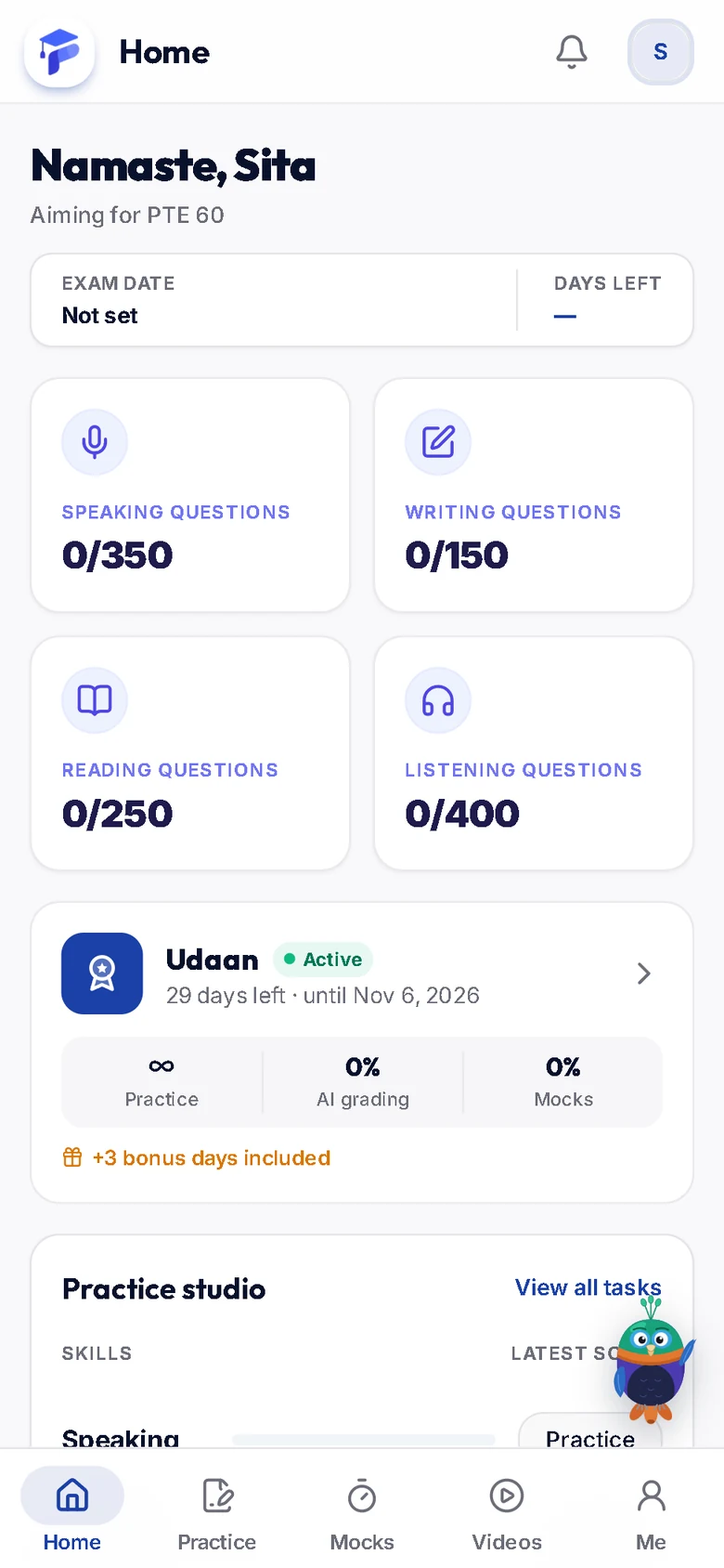 The Prepyo home screen on a phone: questions practised in each skill, the active plan, the practice studio and the Danfe coach button.